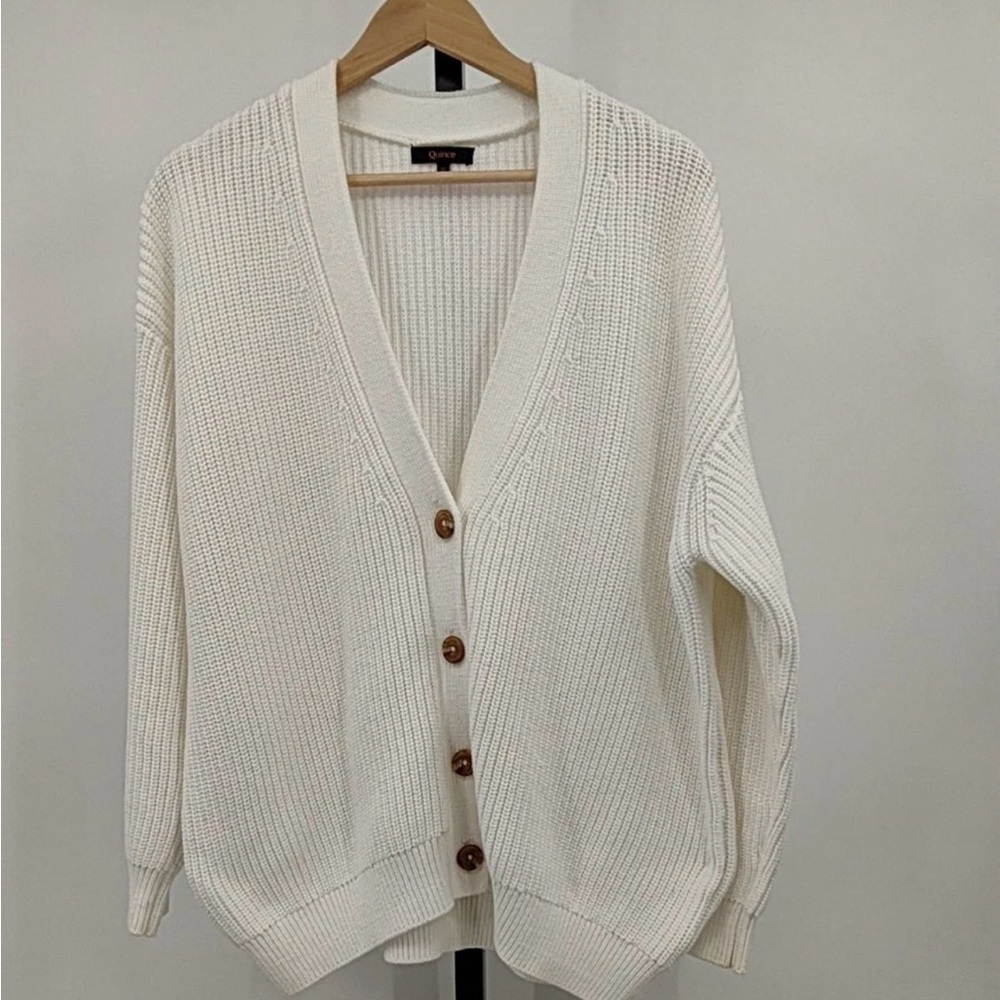 Quince Cream Button-Front Boyfriend Cardigan Sweater